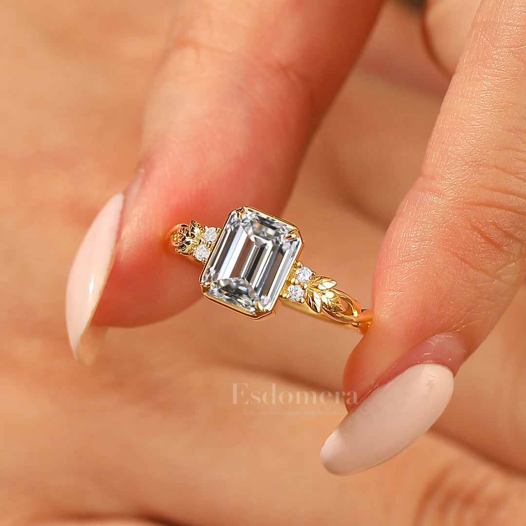 Dainty Leaf Anillo de Diamante de Laboratorio Esmeralda Crecido en Laboratorio Inspirado en Rama Anillo de Diamante de Laboratorio para Mujer (Certificado IGI)