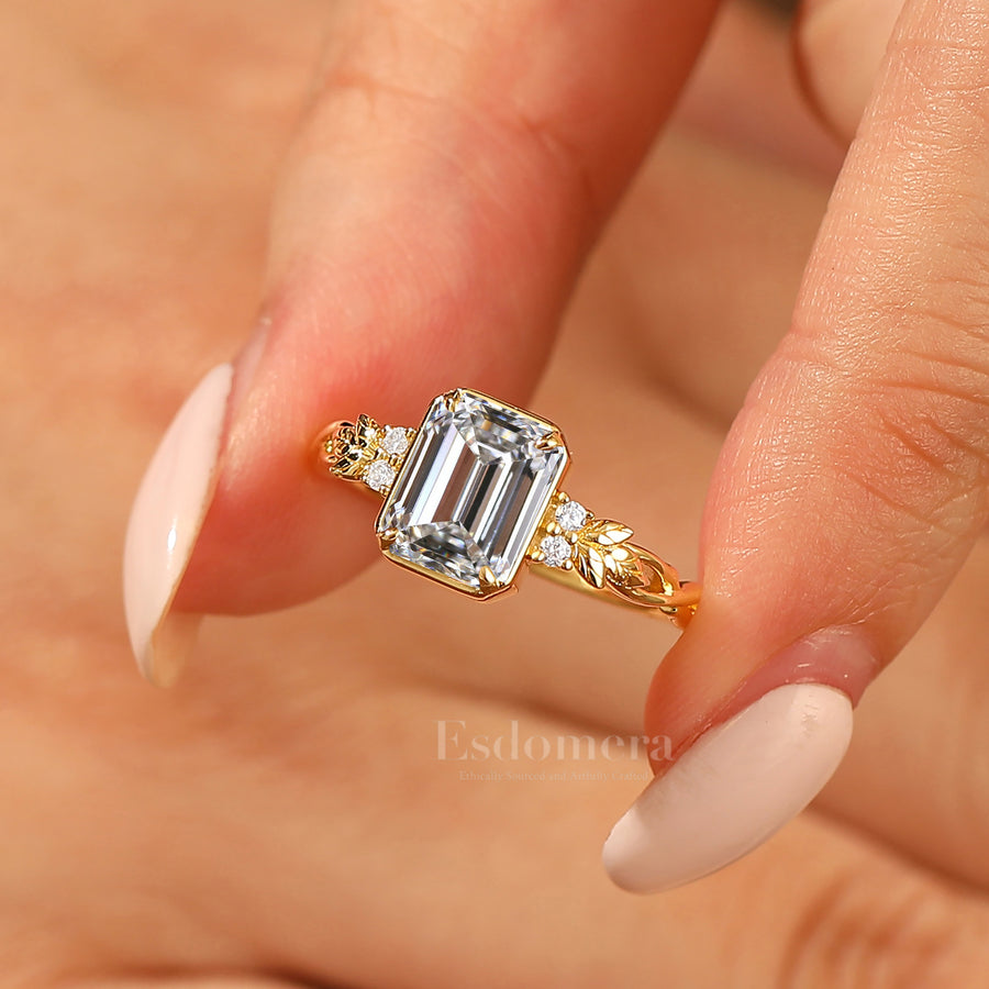 Dainty Leaf Emerald Lab Grown Diamond Ring Twig Inspired Lab Diamond Women Ring (IGI Certified)