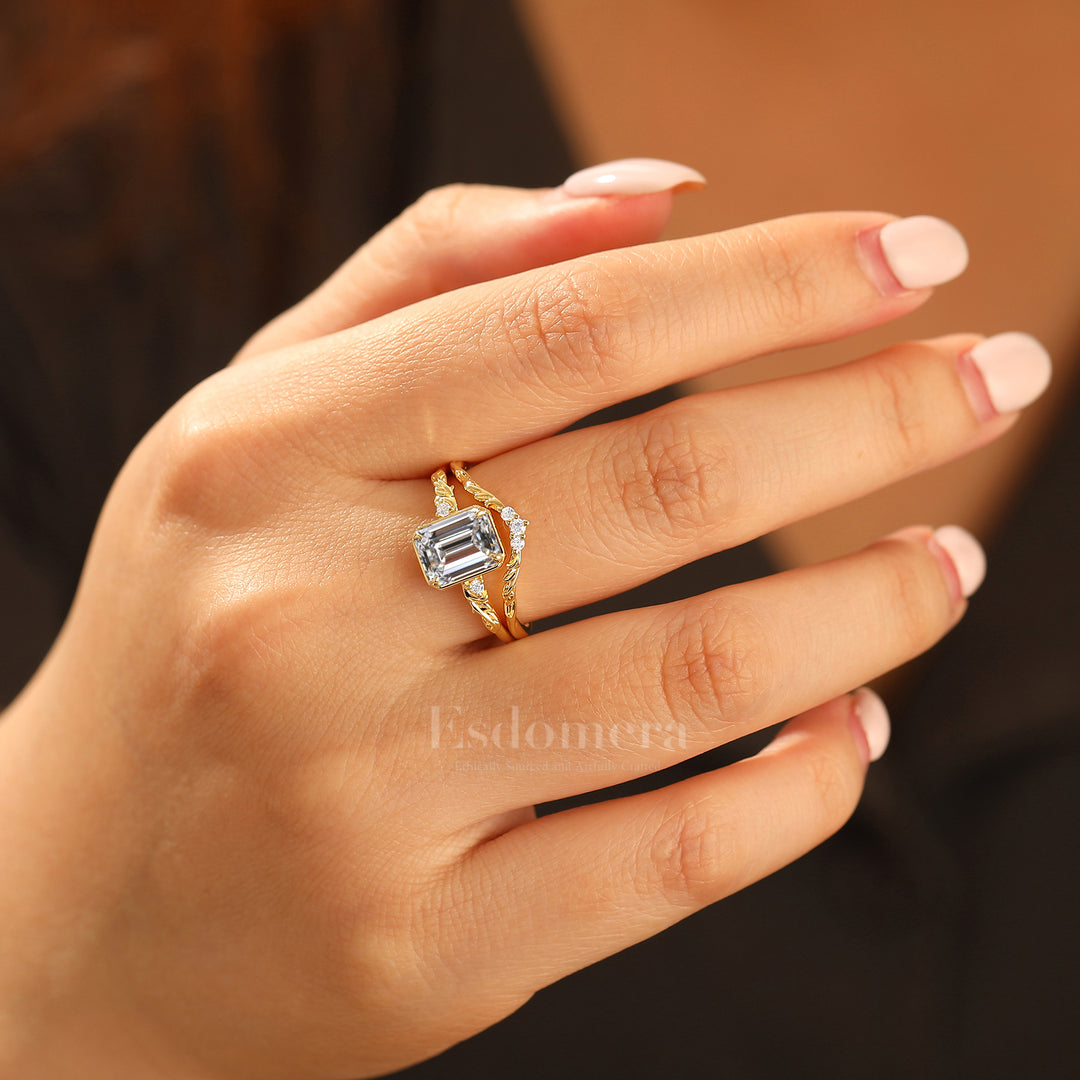 Ensemble de bagues de mariage en diamant synthétique émeraude inspiré de la feuille, bagues de mariage en diamant cultivé en laboratoire en or 14 carats motif vigne (certifié IGI)