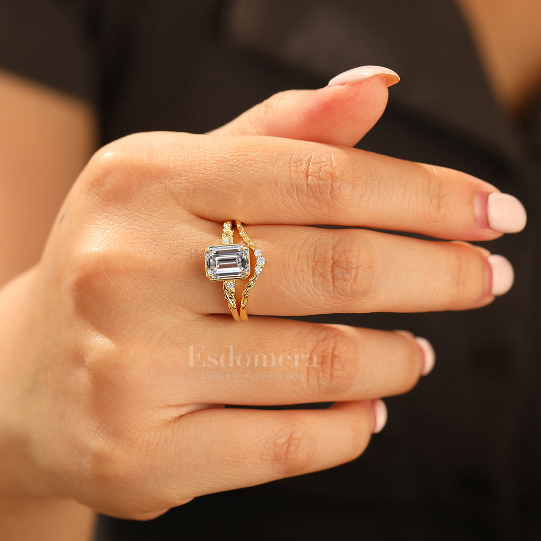 Ensemble de bagues de mariage en diamant synthétique émeraude inspiré de la feuille, bagues de mariage en diamant cultivé en laboratoire en or 14 carats motif vigne (certifié IGI)