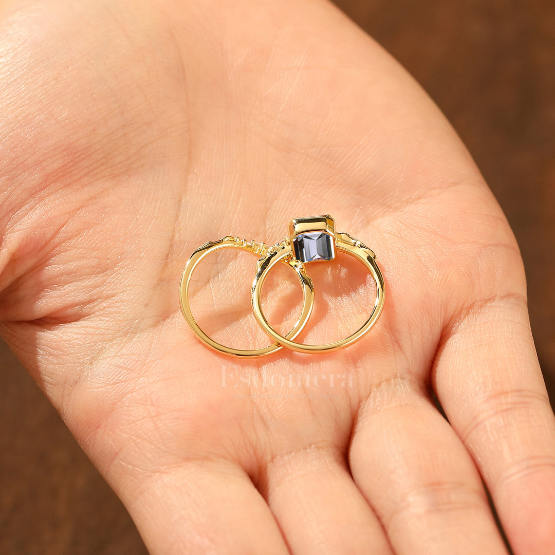 Ensemble de bagues de mariage en diamant synthétique émeraude inspiré de la feuille, bagues de mariage en diamant cultivé en laboratoire en or 14 carats motif vigne (certifié IGI)