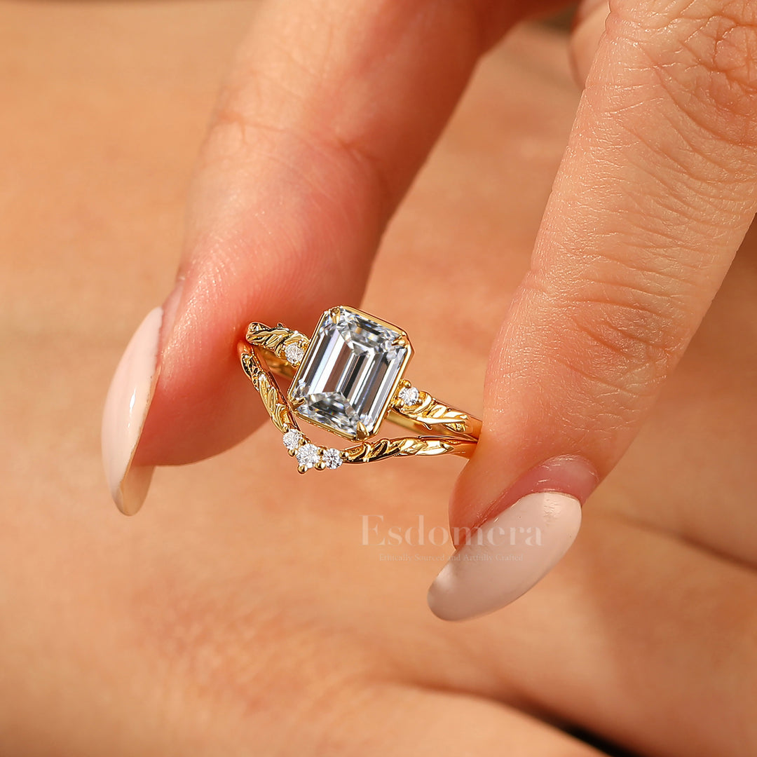 Ensemble de bagues de mariage en diamant synthétique émeraude inspiré de la feuille, bagues de mariage en diamant cultivé en laboratoire en or 14 carats motif vigne (certifié IGI)