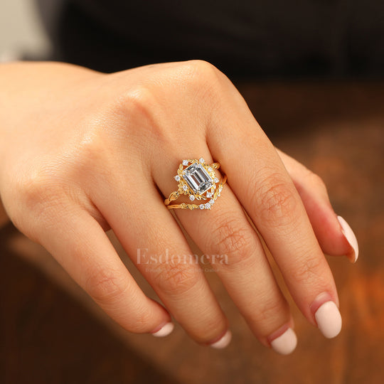 Vintage Cluster Leaf Emerald Shape Lab Grown Diamond Women Ring Set Nature Style Lab Diamond Rings (IGI Certified)