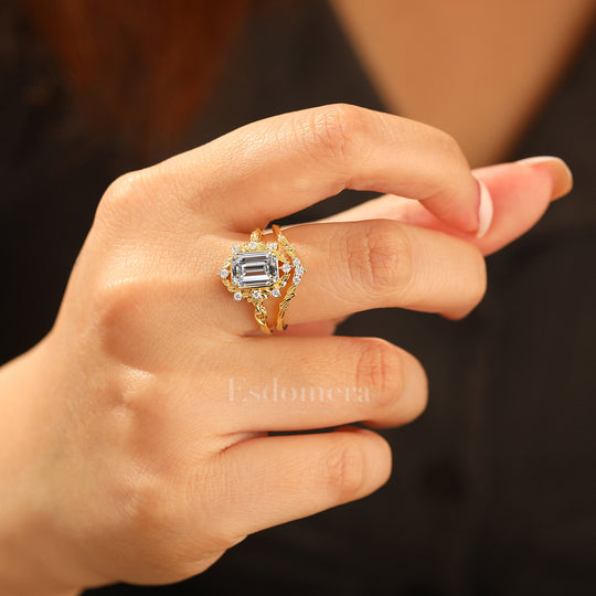 Vintage Cluster Leaf Emerald Shape Lab Grown Diamond Women Ring Set Nature Style Lab Diamond Rings (IGI Certified)