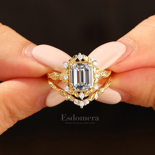 Vintage Cluster Leaf Emerald Shape Lab Grown Diamond Women Ring Set Nature Style Lab Diamond Rings (IGI Certified)