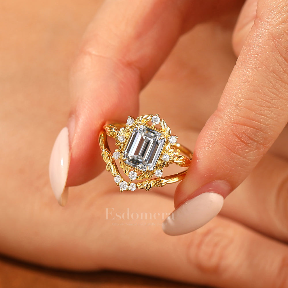 Vintage Cluster Leaf Emerald Shape Lab Grown Diamond Women Ring Set Nature Style Lab Diamond Rings (IGI Certified)