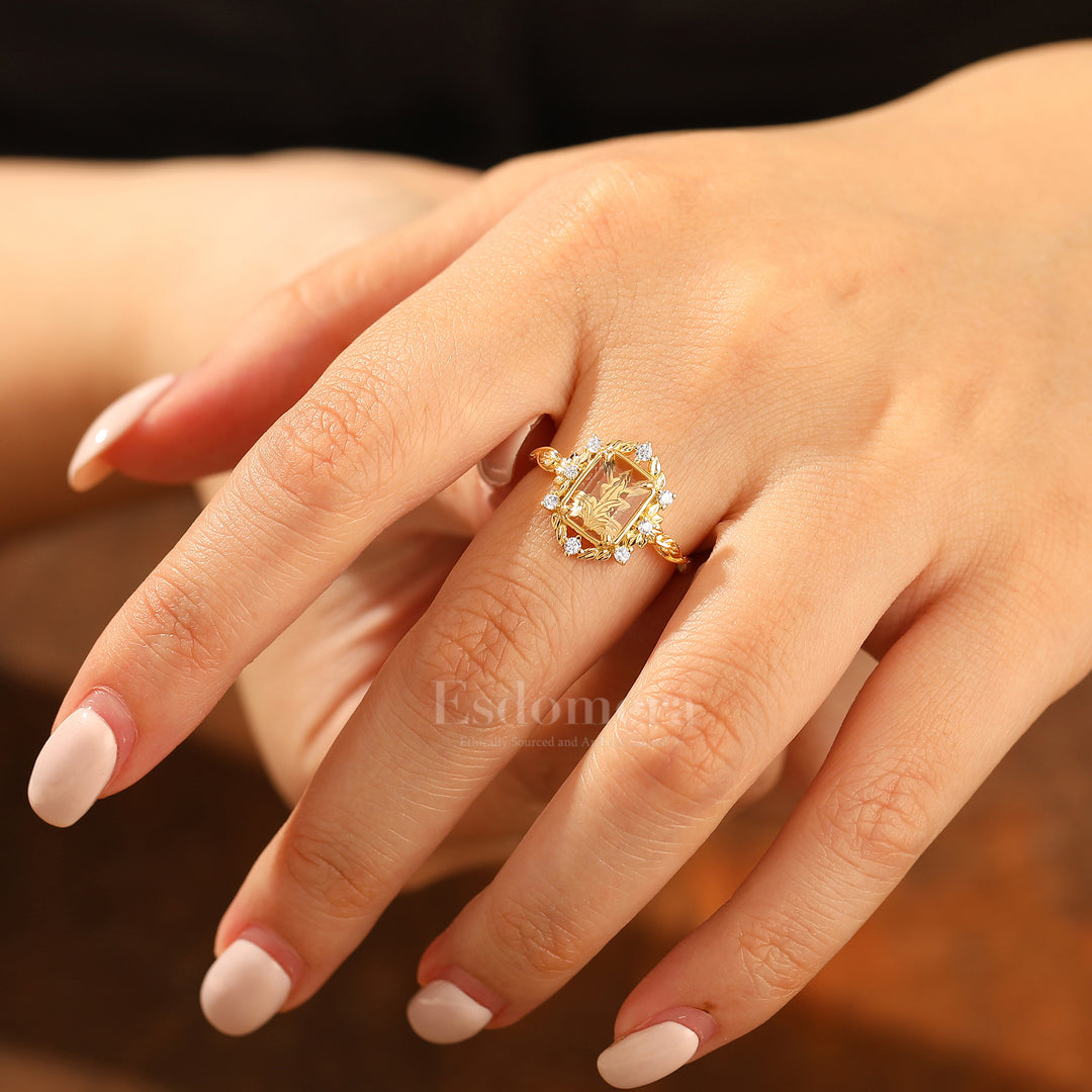 Leaf Style Flat-bottomed Moissanite Engagement Ring Unique Solid Yellow Gold Wedding Ring For Her