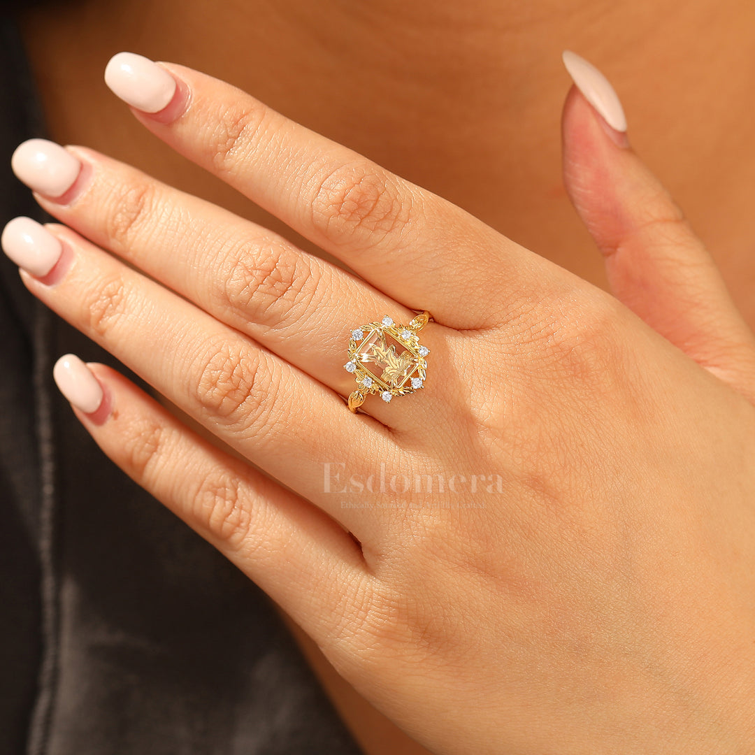 Leaf Style Flat-bottomed Moissanite Engagement Ring Unique Solid Yellow Gold Wedding Ring For Her