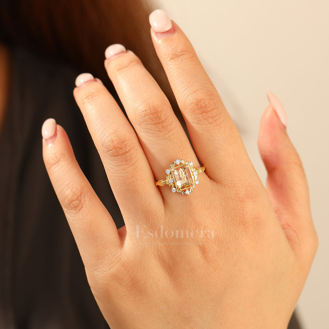 Leaf Style Flat-bottomed Moissanite Engagement Ring Unique Solid Yellow Gold Wedding Ring For Her