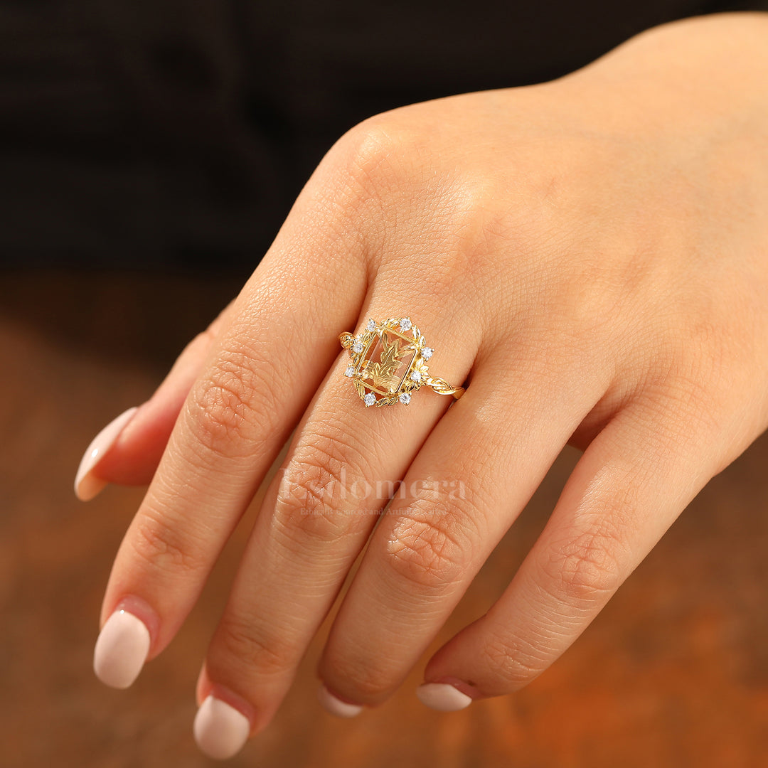 Leaf Style Flat-bottomed Moissanite Engagement Ring Unique Solid Yellow Gold Wedding Ring For Her