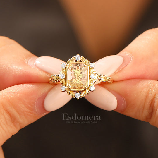 Leaf Style Flat-bottomed Moissanite Engagement Ring Unique Solid Yellow Gold Wedding Ring For Her