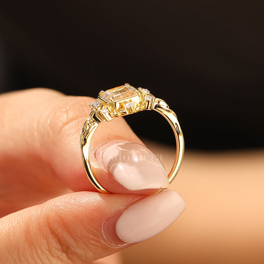 Leaf Style Flat-bottomed Moissanite Engagement Ring Unique Solid Yellow Gold Wedding Ring For Her