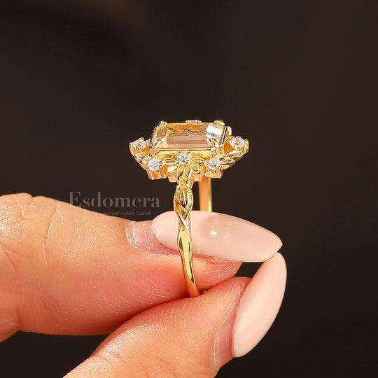 Leaf Style Flat-bottomed Moissanite Engagement Ring Unique Solid Yellow Gold Wedding Ring For Her