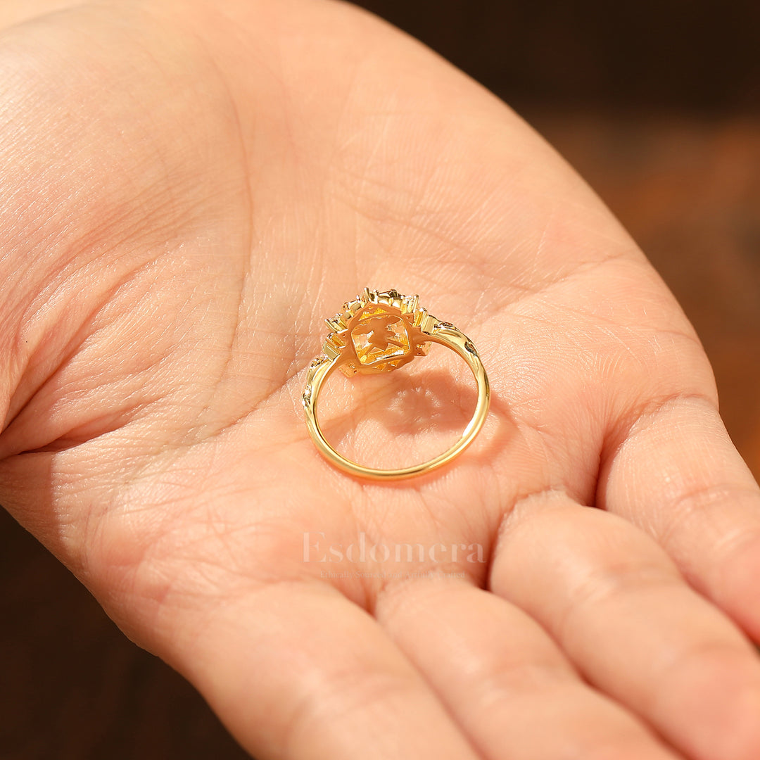 Leaf Style Flat-bottomed Moissanite Engagement Ring Unique Solid Yellow Gold Wedding Ring For Her