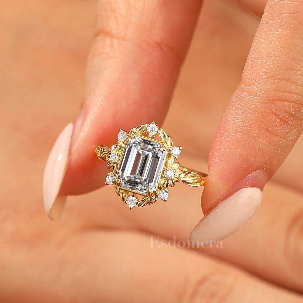 Floral Vine Emerald Shape Lab Grown Diamond Engagement Ring Vintage Nature Style Lab Diamond Ring (IGI Certified)