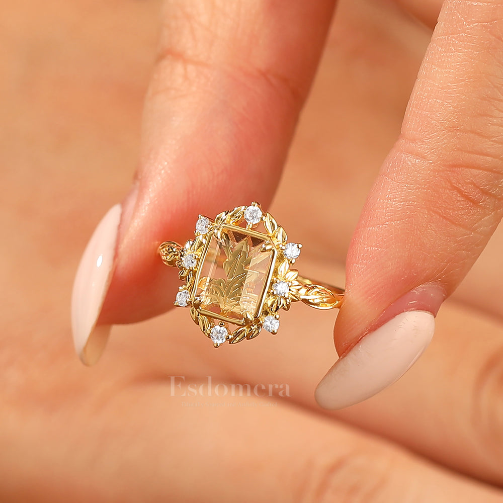 Leaf Style Flat-bottomed Moissanite Engagement Ring Unique Solid Yellow Gold Wedding Ring For Her