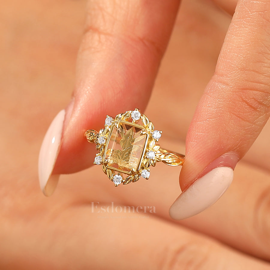 Leaf Style Flat-bottomed Moissanite Engagement Ring Unique Solid Yellow Gold Wedding Ring For Her