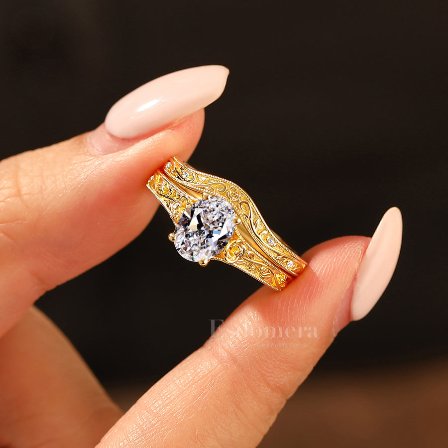 Rose Floral Design Oval Cut Lab Grown Diamond Ring Set Solid Yellow Gold 2pcs Rings (IGI Certified)