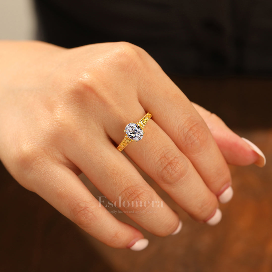 Retro Rose Diseño Ovalado Corte Diamante Cultivado en Laboratorio Anillo Solitario Diamante Cultivado en Laboratorio Anillo de Boda (Certificado IGI)