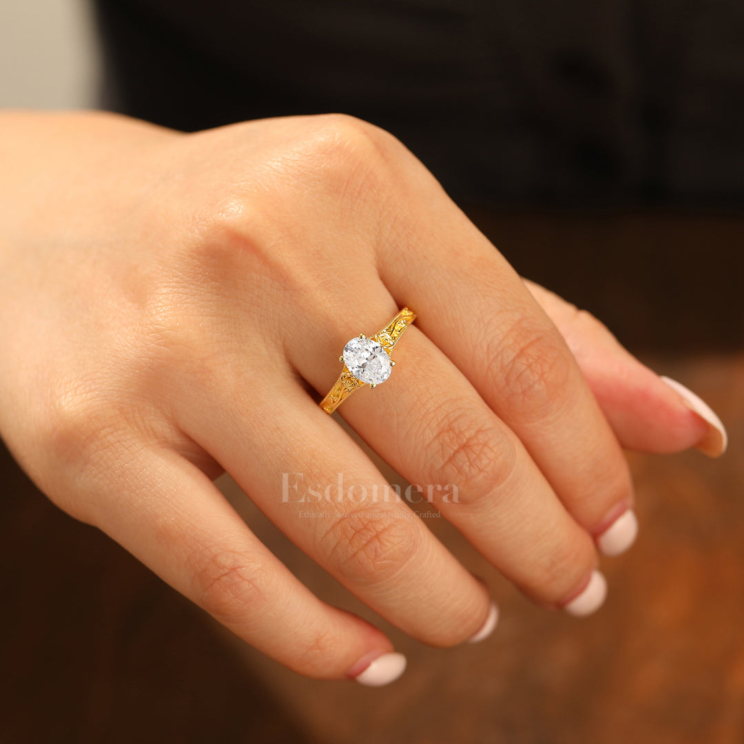 Retro Rose Floral Style Oval Cut Moissanite Bridal Ring Solitaire Moissanite Wedding Ring For Her