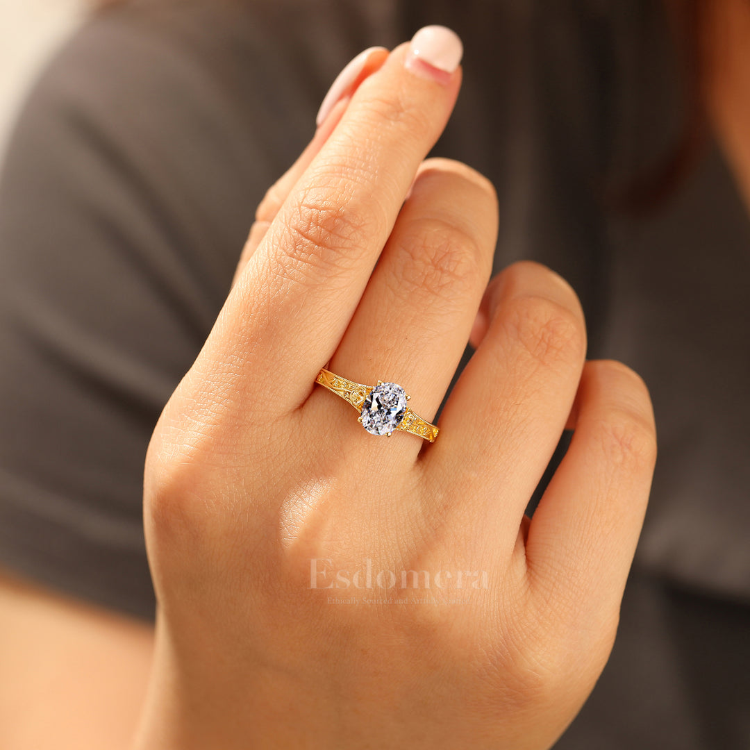 Retro Rose Diseño Ovalado Corte Diamante Cultivado en Laboratorio Anillo Solitario Diamante Cultivado en Laboratorio Anillo de Boda (Certificado IGI)