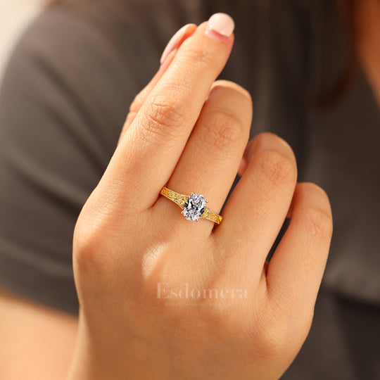 Retro Rose Diseño Ovalado Corte Diamante Cultivado en Laboratorio Anillo Solitario Diamante Cultivado en Laboratorio Anillo de Boda (Certificado IGI)