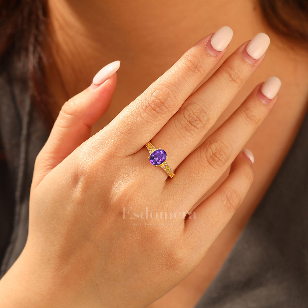 Retro Rose Floral Style Oval Cut Amethyst Bridal Ring Solitaire Moissanite Wedding Ring For Her