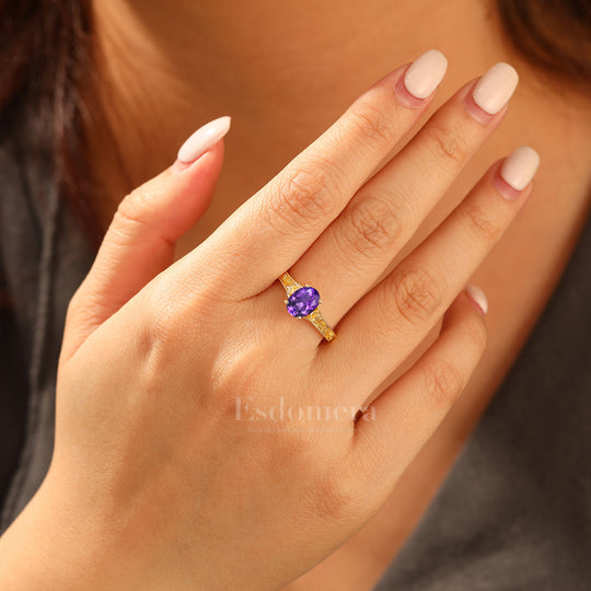 Retro Rose Floral Style Oval Cut Amethyst Bridal Ring Solitaire Moissanite Wedding Ring For Her