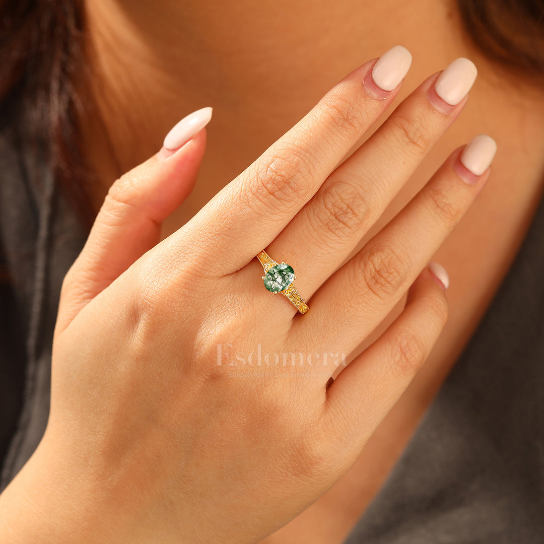 Retro Rose Floral Style Oval Cut Natural Moss Agate Bridal Ring Solitaire Moissanite Wedding Ring For Her
