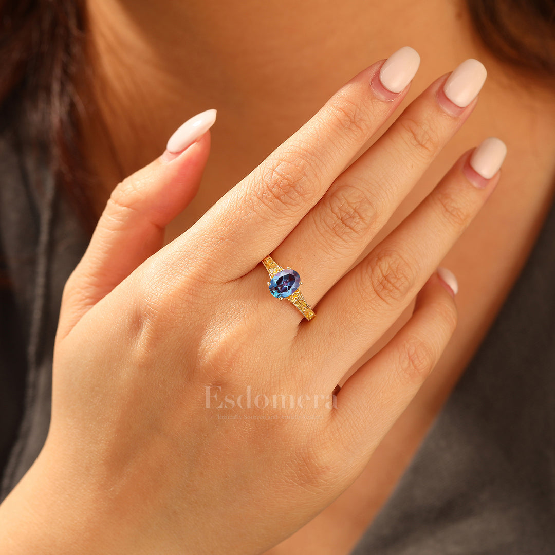 Retro Rose Floral Style Oval Cut Alexandrite Bridal Ring Solitaire Wedding Ring For Her
