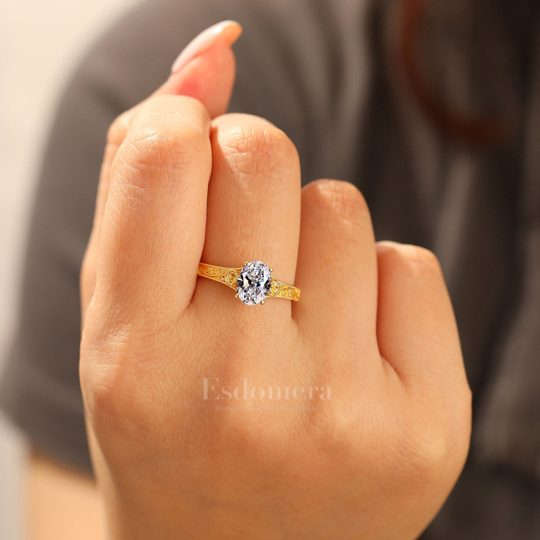 Retro Rose Diseño Ovalado Corte Diamante Cultivado en Laboratorio Anillo Solitario Diamante Cultivado en Laboratorio Anillo de Boda (Certificado IGI)