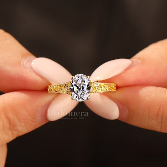 Retro Rose Diseño Ovalado Corte Diamante Cultivado en Laboratorio Anillo Solitario Diamante Cultivado en Laboratorio Anillo de Boda (Certificado IGI)