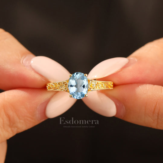 Retro Rose Floral Style Oval Cut Aquamarine Bridal Ring Solitaire Moissanite Wedding Ring For Her