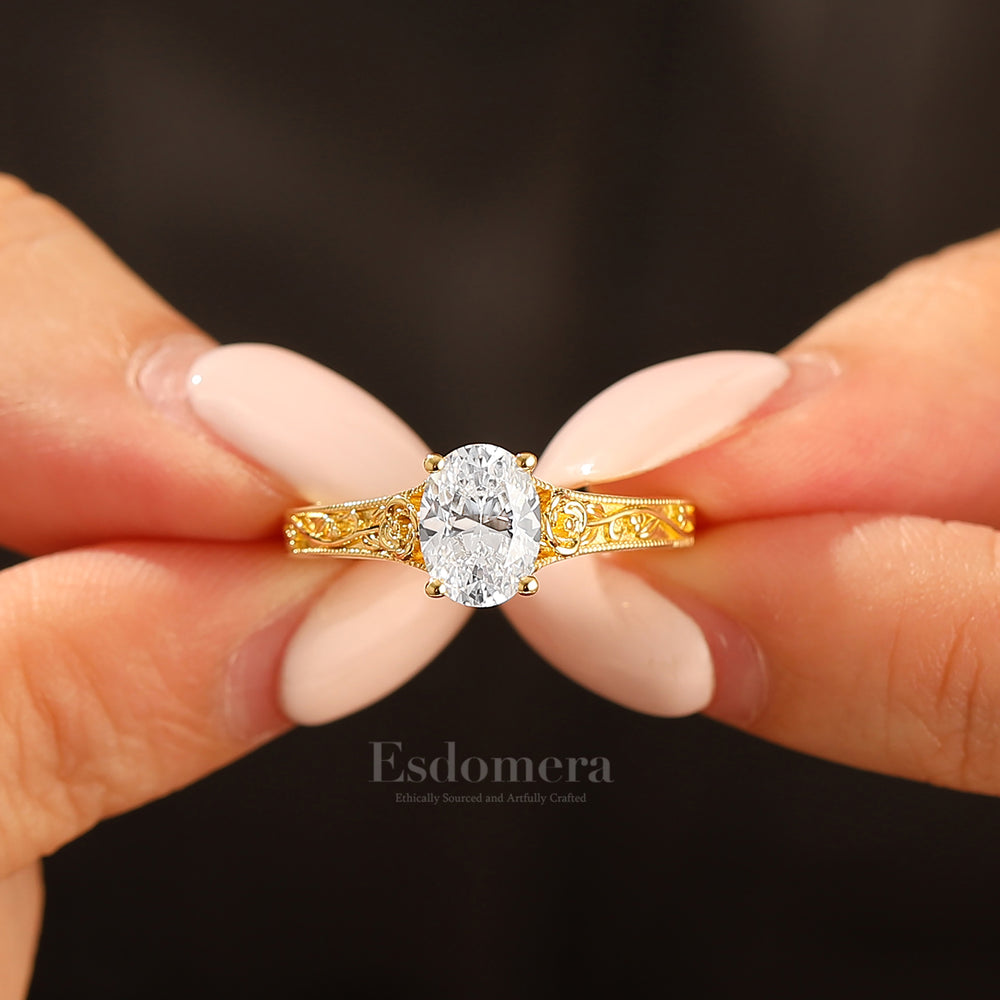 Retro Rose Floral Style Oval Cut Moissanite Bridal Ring Solitaire Moissanite Wedding Ring For Her