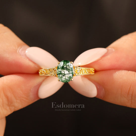 Retro Rose Floral Style Oval Cut Natural Moss Agate Bridal Ring Solitaire Moissanite Wedding Ring For Her