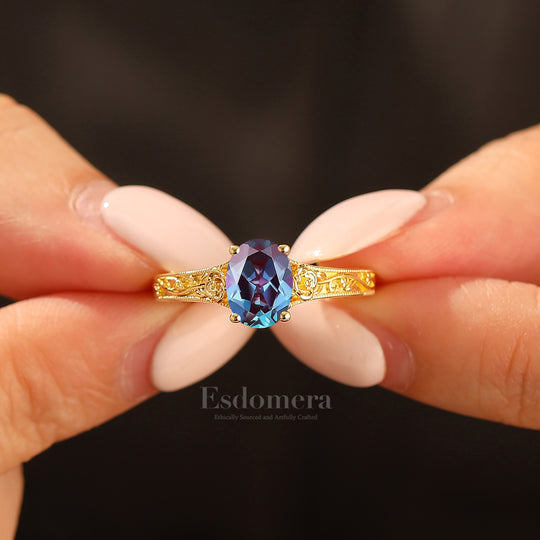 Retro Rose Floral Style Oval Cut Alexandrite Bridal Ring Solitaire Wedding Ring For Her