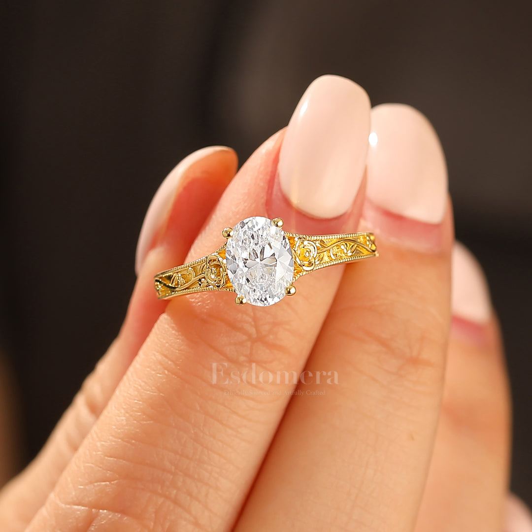 Retro Rose Floral Style Oval Cut Moissanite Bridal Ring Solitaire Moissanite Wedding Ring For Her