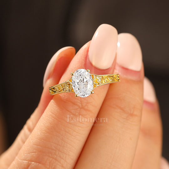 Retro Rose Floral Style Oval Cut Moissanite Bridal Ring Solitaire Moissanite Wedding Ring For Her