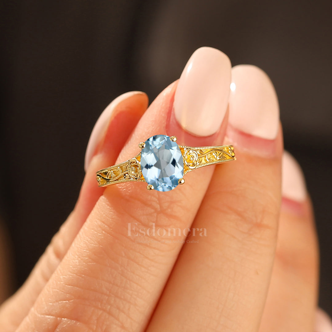 Retro Rose Floral Style Oval Cut Aquamarine Bridal Ring Solitaire Moissanite Wedding Ring For Her