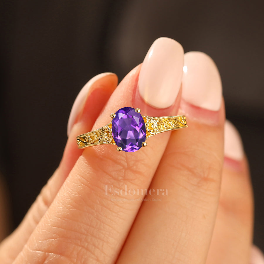 Retro Rose Floral Style Oval Cut Amethyst Bridal Ring Solitaire Moissanite Wedding Ring For Her