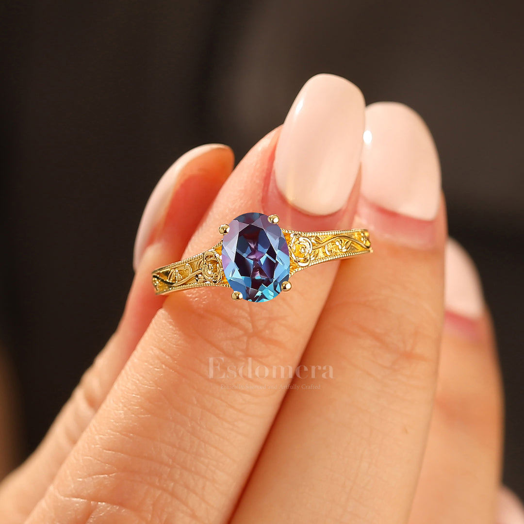 Retro Rose Floral Style Oval Cut Alexandrite Bridal Ring Solitaire Wedding Ring For Her
