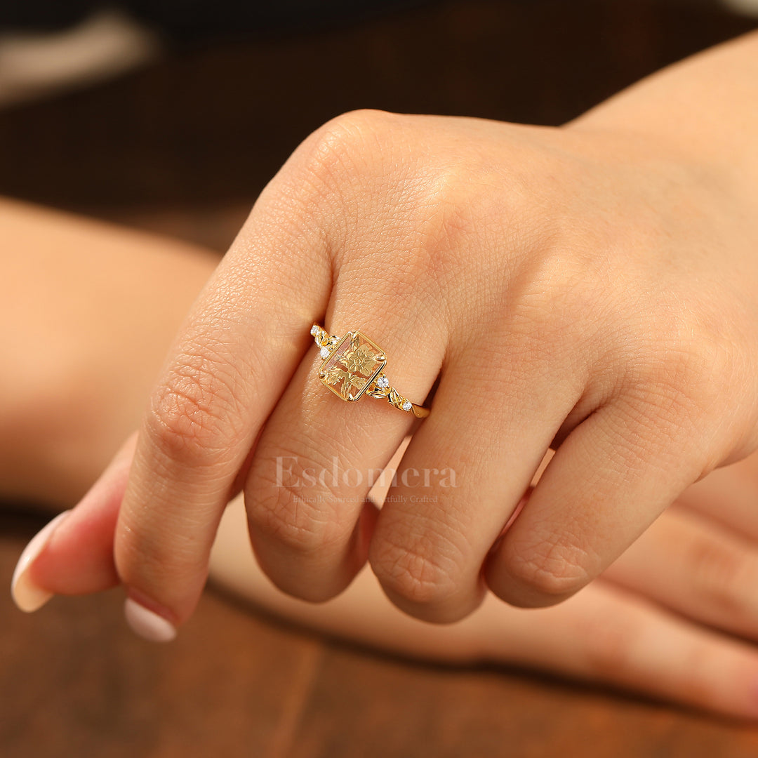 Floral Engraved Flat-bottomed Moissanite Bridal Ring Natural Inspired Leaf Moissanite Women Ring