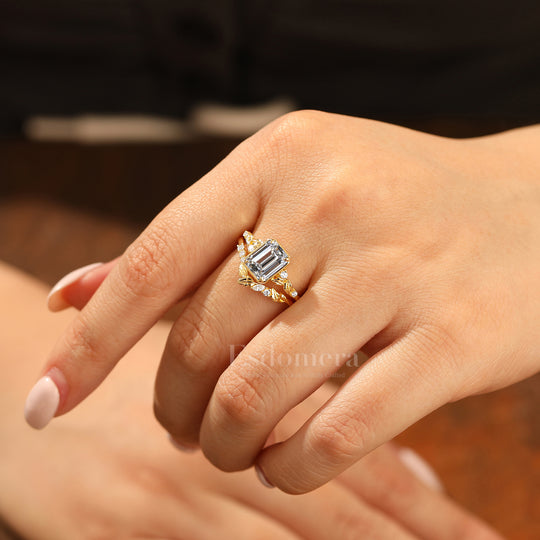 Vintage Leaf Emerald Lab Diamond Wedding Ring Set 2pcs 14K Gold Lab Grown Diamond Women Ring (IGI Certified)