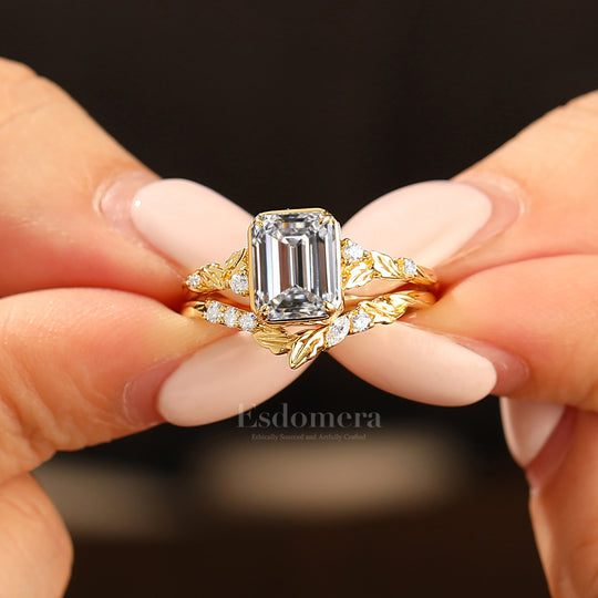 Vintage Leaf Emerald Lab Diamond Wedding Ring Set 2pcs 14K Gold Lab Grown Diamond Women Ring (IGI Certified)