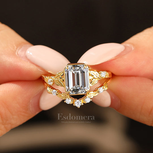 Unique Leaf-inspired Emerald Cut Lab Grown Diamond Bridal Ring Set 2pcs 14K Solid Gold Lab Diamond Rings (IGI Certified)