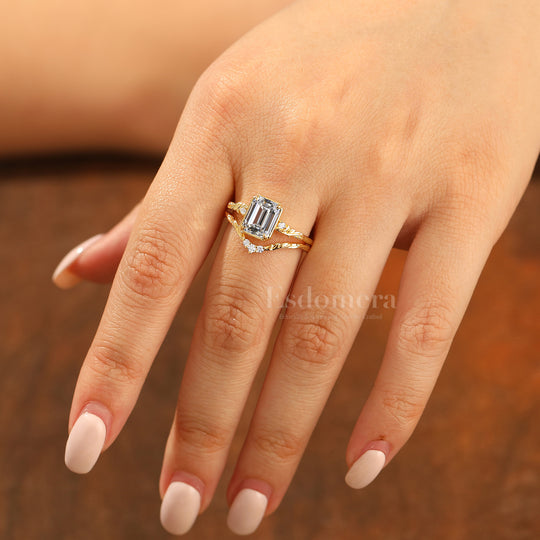 Ensemble de bagues de mariage en diamant synthétique émeraude inspiré de la feuille, bagues de mariage en diamant cultivé en laboratoire en or 14 carats motif vigne (certifié IGI)