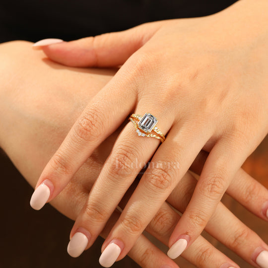 Ensemble de bagues de mariage en diamant synthétique émeraude inspiré de la feuille, bagues de mariage en diamant cultivé en laboratoire en or 14 carats motif vigne (certifié IGI)