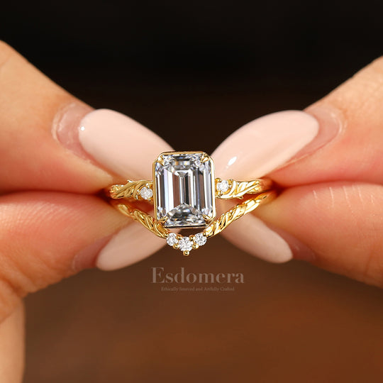 Ensemble de bagues de mariage en diamant synthétique émeraude inspiré de la feuille, bagues de mariage en diamant cultivé en laboratoire en or 14 carats motif vigne (certifié IGI)