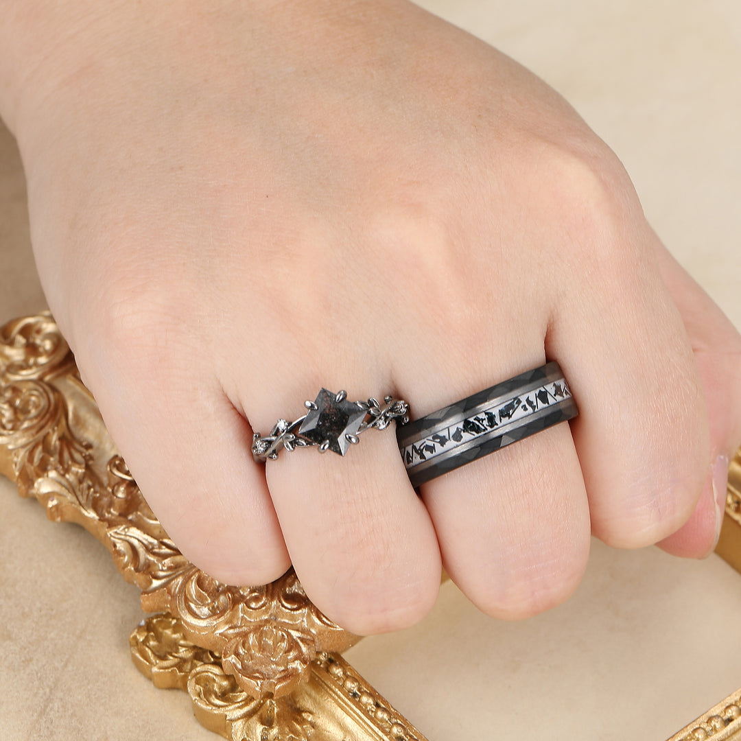 Art Deco Black Rutilated Quartz Twig Engagement Couple Rings Unique S925 And Tungsten Black Plated Marriage Ring -  Esdomera.com