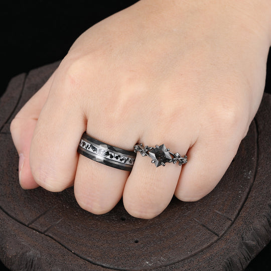 Art Deco Black Rutilated Quartz Twig Engagement Couple Rings Unique S925 And Tungsten Black Plated Marriage Ring -  Esdomera.com